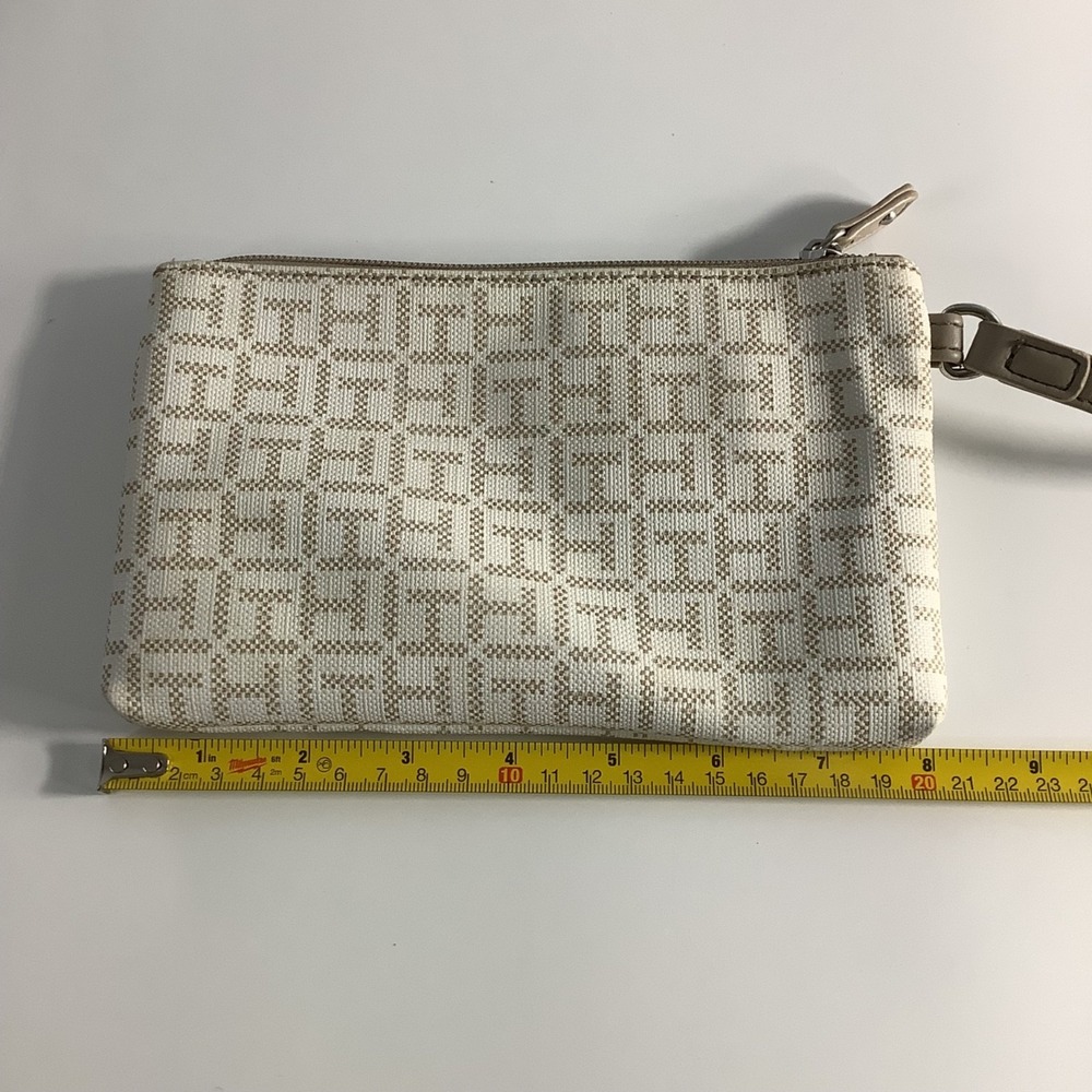 Tommy Hilfiger Women's Logo Printed Medium Wristlet Wallet Clutch Bag White/Tan - Picture 3 of 13